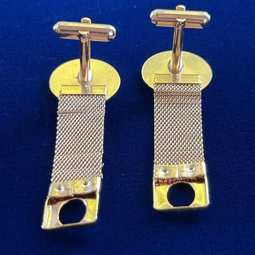 Vintage Blue and Red Bullseye Gold Tone Mesh Wrap Around Cufflinks